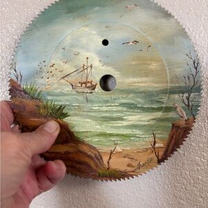 Vintage Hand-Painted Saw Blade with Coastal Scene